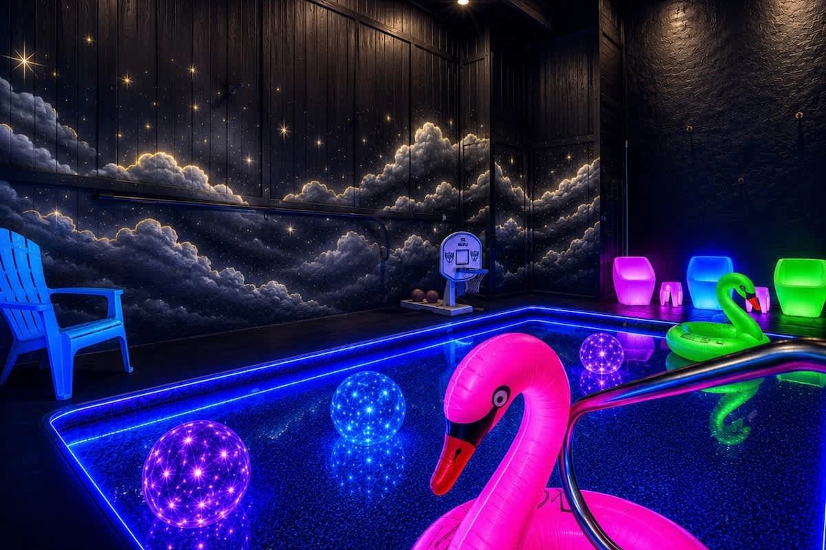 Glow-lit private indoor pool at a Casalta home in Sevierville TN