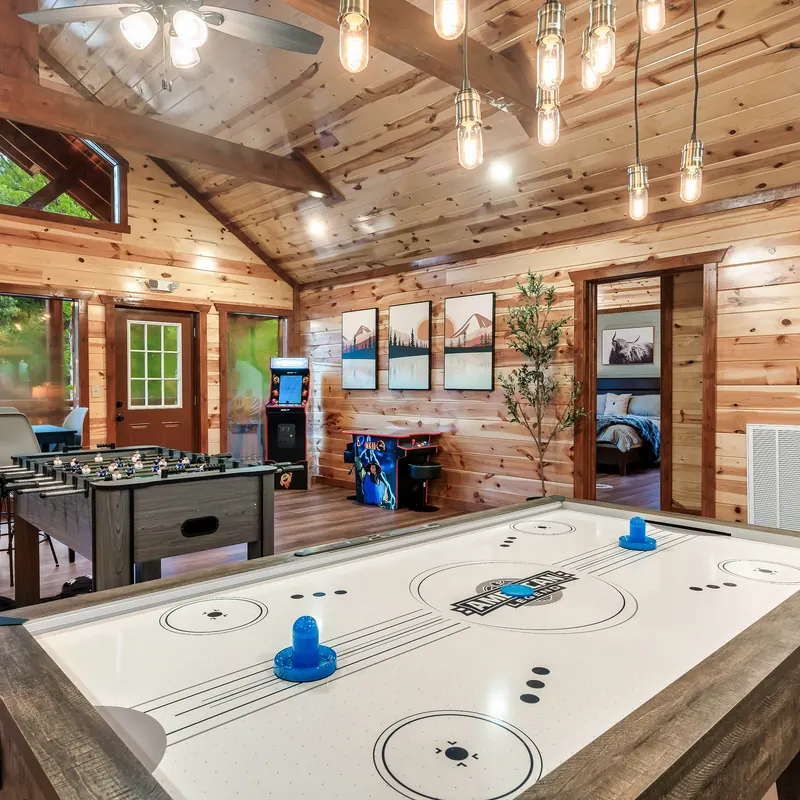 Finished great room with vaulted timber ceiling at a Casalta home